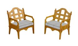Set Of 2 Palladian Lounge Chairs And 2 White And Blue Striped Sunbrella Cushions
