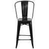 24'' High Black Metal Indoor-Outdoor Counter Height Stool with Back