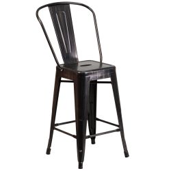 24'' High Black-Antique Gold Metal Indoor-Outdoor Counter Height Stool with Back