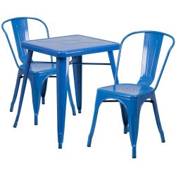23.75'' Square Blue Metal Indoor-Outdoor Table Set with 2 Stack Chairs