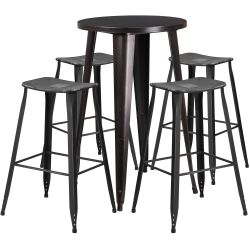 24'' Round Black-Antique Gold Metal Indoor-Outdoor Bar Table Set with 4 Distressed Backless Saddle Seat Barstools