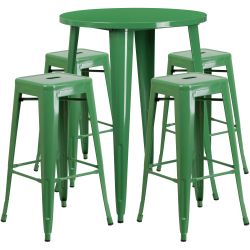 30'' Round Green Metal Indoor-Outdoor Bar Table Set with 4 Square Seat Backless Barstools