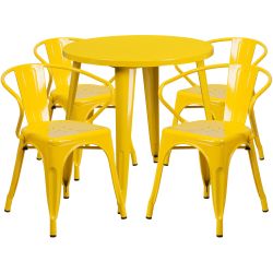 30'' Round Yellow Metal Indoor-Outdoor Table Set with 4 Arm Chairs