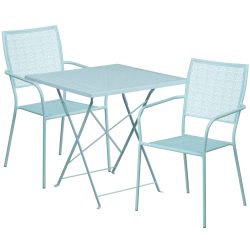 28'' Square Sky Blue Indoor-Outdoor Steel Folding Patio Table Set with 2 Square Back Chairs