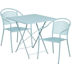 28'' Square Sky Blue Indoor-Outdoor Steel Folding Patio Table Set with 2 Round Back Chairs