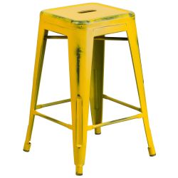 24'' High Backless Distressed Yellow Metal Indoor-Outdoor Counter Height Stool