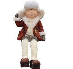 19"" Distressed Sitting Young Boy in Fur Trimmed Ski Hat Winter Outdoor Patio Garden Statue