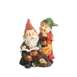 11.5"" Reading Forest Gnome Couple w/ Solar Powered LED Lighted Lantern Outdoor Patio Garden Statue
