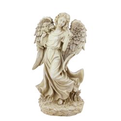 18"" Heavenly Gardens Distressed Almond Brown Angel with Bird and Bouquet Outdoor Patio Garden Statue