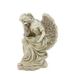 12"" Heavenly Gardens Distressed Almond Brown Daydreaming Angel with Rose Outdoor Patio Garden Statue