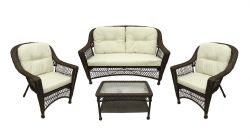 4-Pc Somerset Dark Brown Resin Wicker Patio Loveseat, Chairs & Table Furniture Set - Cream Cushions