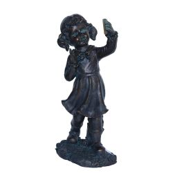 18"" Distressed Black & Bronze Girl with Cell Phone Solar Powered LED Lighted Outdoor Patio Garden Statue