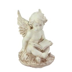 12"" Heavenly Gardens Distressed Ivory Sitting Cherub Angel with Book Outdoor Patio Garden Statue