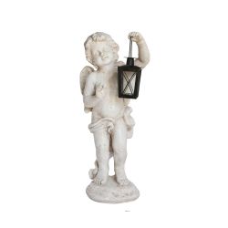 20"" Distressed Ivory Cherub Angel with Tealight Glass Candle Lantern Outdoor Patio Garden Statue