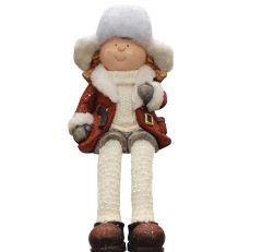 19"" Distressed Sitting Young Girl in Fur Trimmed Ski Hat Winter Outdoor Patio Garden Statue