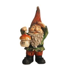 18"" Forest Gnome Holding a Mushroom Lantern Solar Powered LED Lighted Outdoor Patio Garden Statue