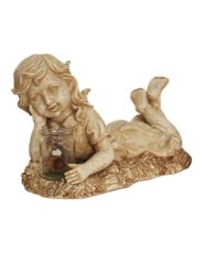 14"" Distressed Almond Brown Lounging Girl Solar Powered LED Lighted Outdoor Patio Garden Statue