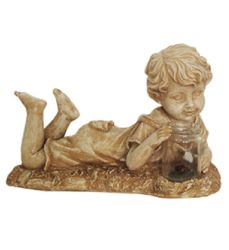 14"" Distressed Almond Brown Lounging Boy Solar Powered LED Lighted Outdoor Patio Garden Statue