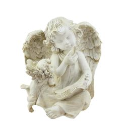 8.5"" Heavenly Gardens Distressed Ivory Sitting Angel with Book & Friend Outdoor Patio Garden Statue