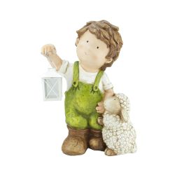 16.5"" Young Boy Gnome with Lamb and Lantern Outdoor Garden Patio Figure