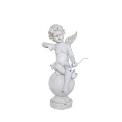 21"" Distressed Ivory Cherub Angel w/ Bow on Spherical Pillar Outdoor Patio Garden Statue