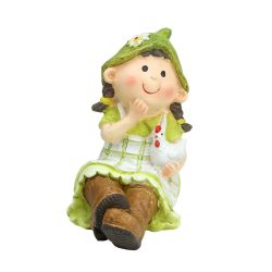 6.25"" Young Girl Gnome Sitting with Chicken Spring Outdoor Garden Patio Figure