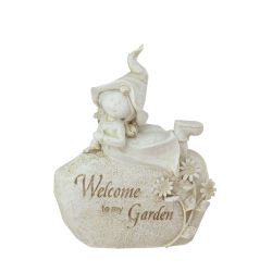 8.75"" Garden Kids Ivory ""Welcome To My Garden"" Girl on Rock Outdoor Patio Garden Statue
