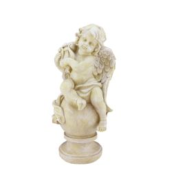 12"" Heavenly Gardens Distressed Almond Brown Cherub with Lyre Outdoor Patio Garden Statue