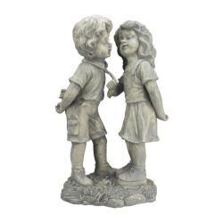 18.5"" Weathered Gray Stone Boy & Girl First Kiss Outdoor Patio Garden Statue