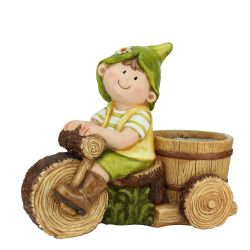 16.25"" Young Boy Gnome Riding Bicycle with Flower Pot Outdoor Garden Patio Planter