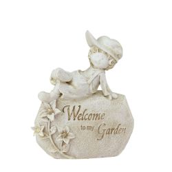 7.5"" Garden Kids Ivory ""Welcome To My Garden"" Boy on Rock Outdoor Patio Garden Statue