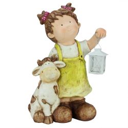 17.5"" Young Girl Gnome with Cow and Lantern Outdoor Garden Patio Figure