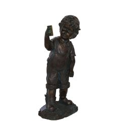 18"" Distressed Black & Bronze Boy with Cell Phone Solar Powered LED Lighted Outdoor Patio Garden Statue