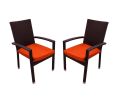 Set of 2 Black Resin Wicker Outdoor Patio Furniture Dining Chairs - Orange Cushions
