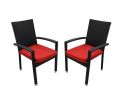 Set of 2 Black Resin Wicker Outdoor Patio Furniture Dining Chairs - Red Cushions