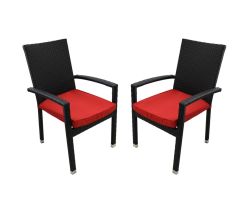 Set of 2 Black Resin Wicker Outdoor Patio Furniture Dining Chairs - Red Cushions