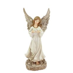 12.5"" Heavenly Gardens Glittered Ivory & Champagne Gold Serene Angel w/ Dove Outdoor Patio Garden Statue