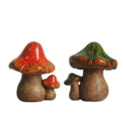 Set of 2 Green and Orange Mottled Double Mushroom Outdoor Garden Patio Statue 11""