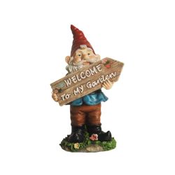 15"" Bobble Gnome Holding ""Welcome To My Garden"" Sign Outdoor Patio Garden Statue