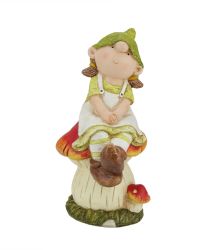 19.25"" Young Girl Gnome Sitting on a Mushroom Spring Outdoor Garden Patio Figure