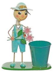13.5"" Boy With Blue Overalls and Pink Flowers Decorative Spring Outdoor Garden Planter