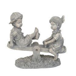 11.5"" Light Gray Boy and Girl Playing on Seesaw Outdoor Patio Garden Statue