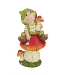 19.75"" Young Boy Gnome Sitting on a Mushroom Spring Outdoor Garden Patio Figure